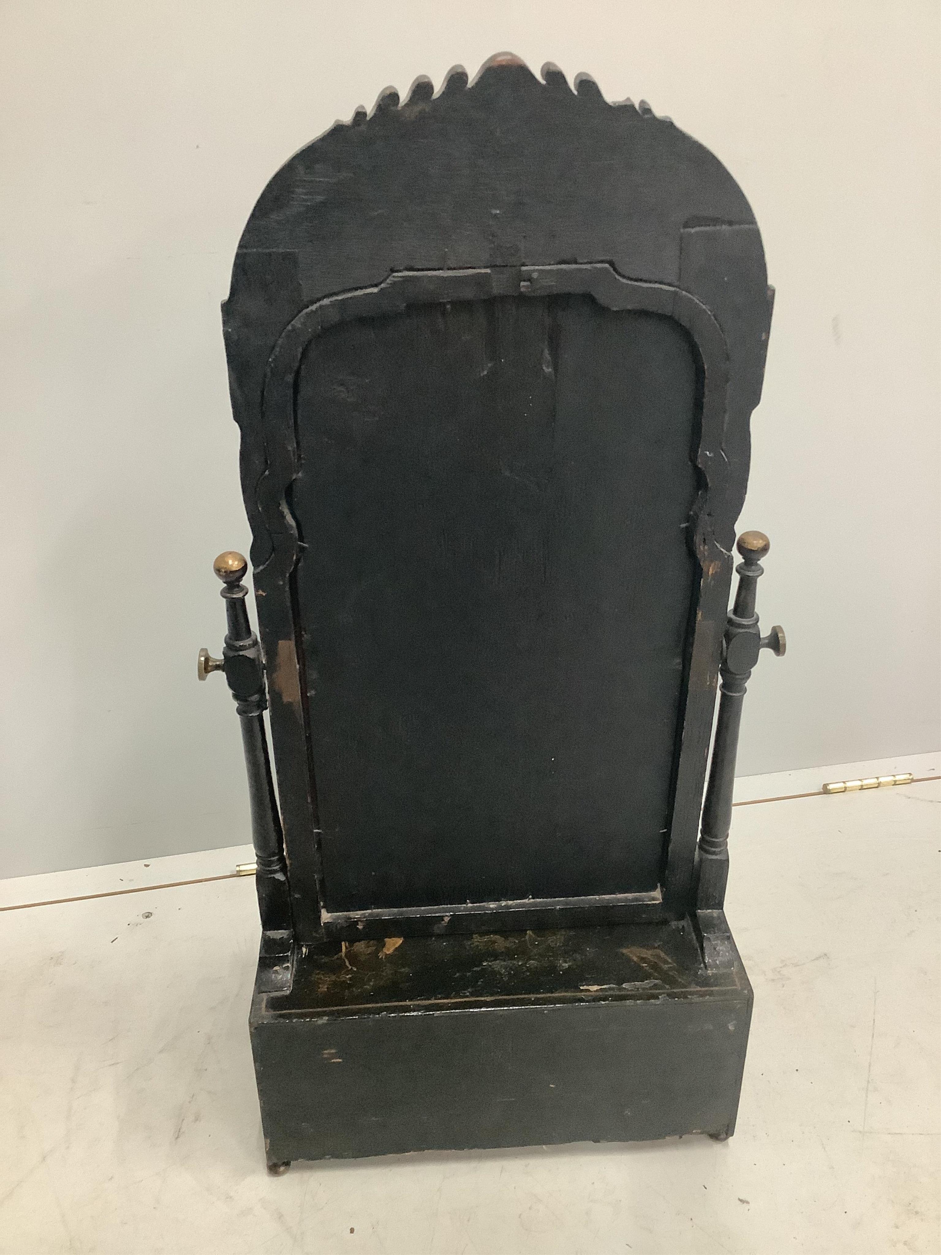 A Queen Anne chinoiserie japanned pine toilet mirror, with six drawer base, width 36cm, height 78cm. Purchased from The Antique Home, Kensington Church St., London, 10th September 1969 for £165. Condition - fair to good